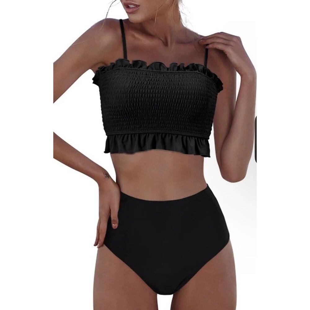 RXRXCOCO Womens Shirred Bandeau Bikini Two Piece Swimsuit Off Shoulder Black M